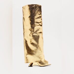 NEW Gold Croc-Embossed Knee-High Boots